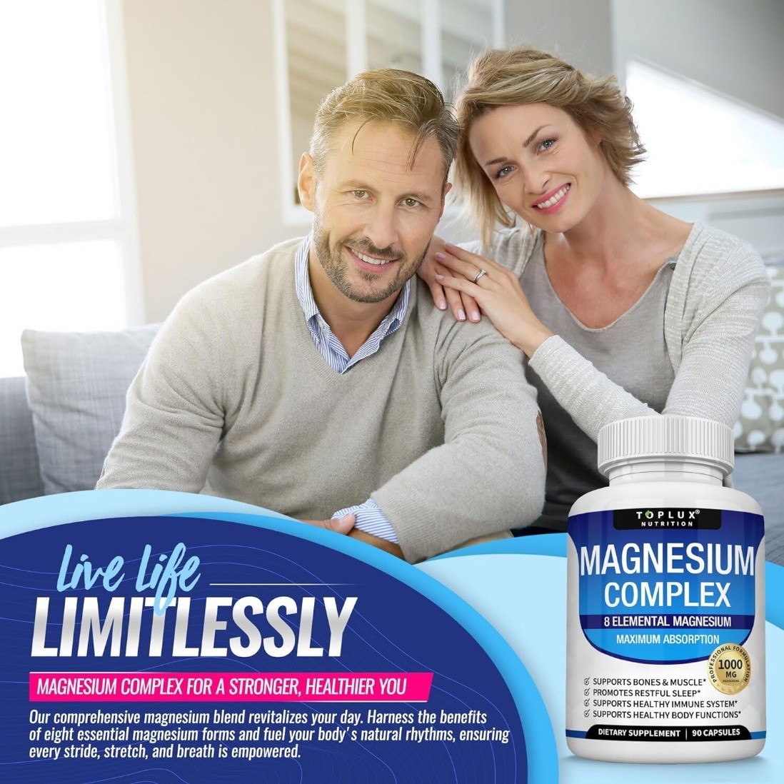 Magnesium Complex 1000mg, 8 Elemental Magnesium 90 Capsules Gluten Free- Non-GMO