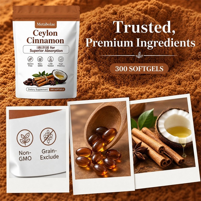 Metabolae Ceylon Cinnamon Capsules With MCT Oil, Non-GMO, Gluten Free, 300pcs