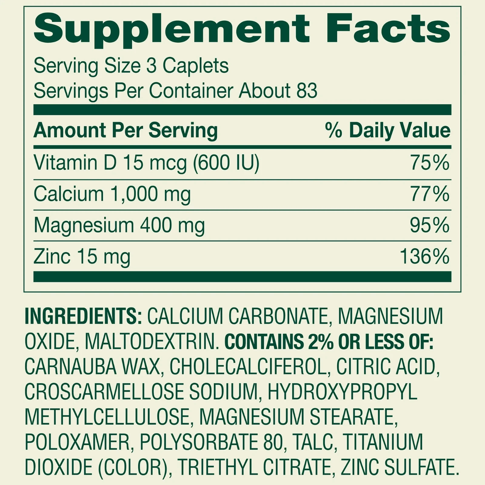 Spring Valley Calcium Magnesium & Zinc Plus Vitamin D3 Coated Caplets, 250 Count