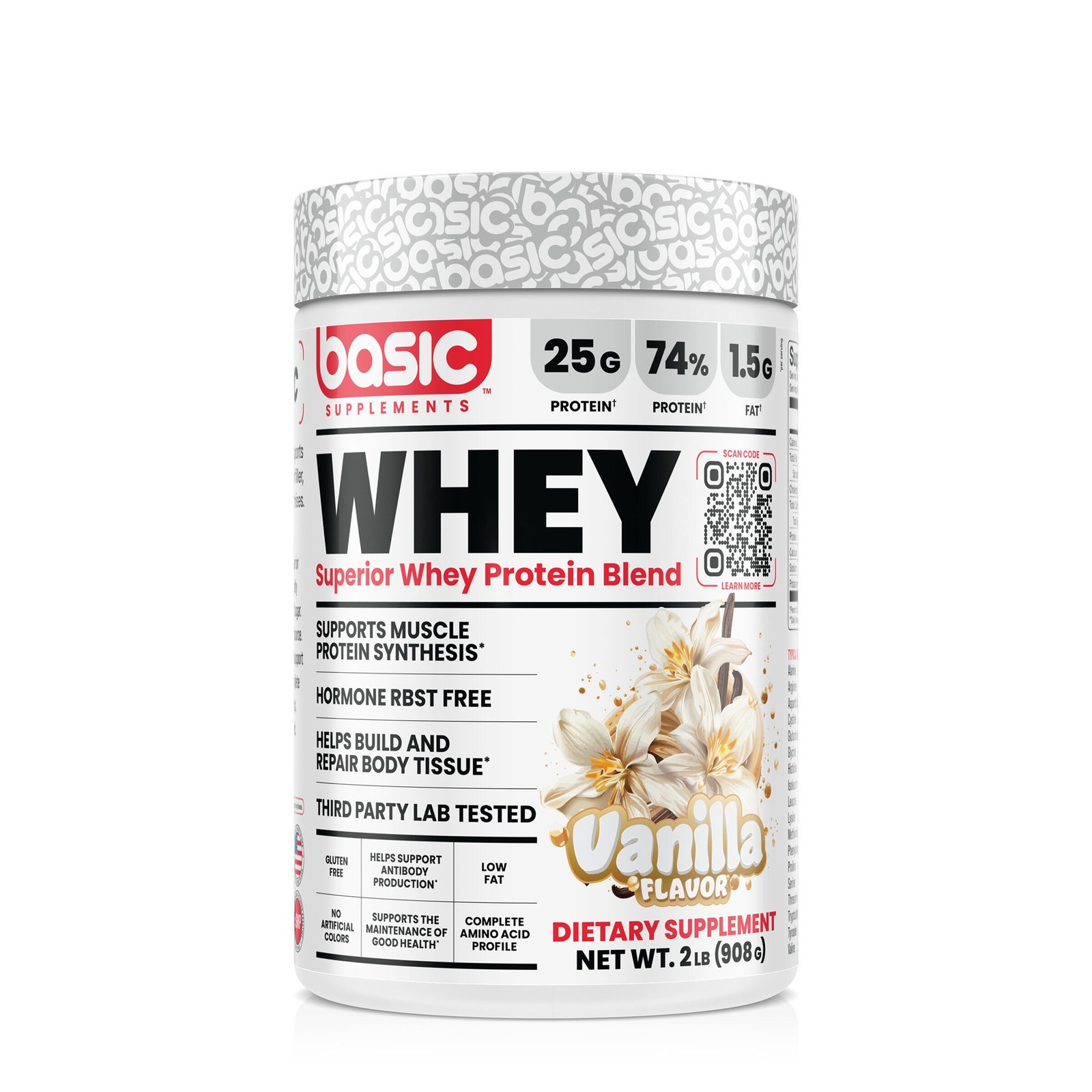Basic Supplements Whey Protein Blend Vanilla Flavor Muscle Builds 908g NEW
