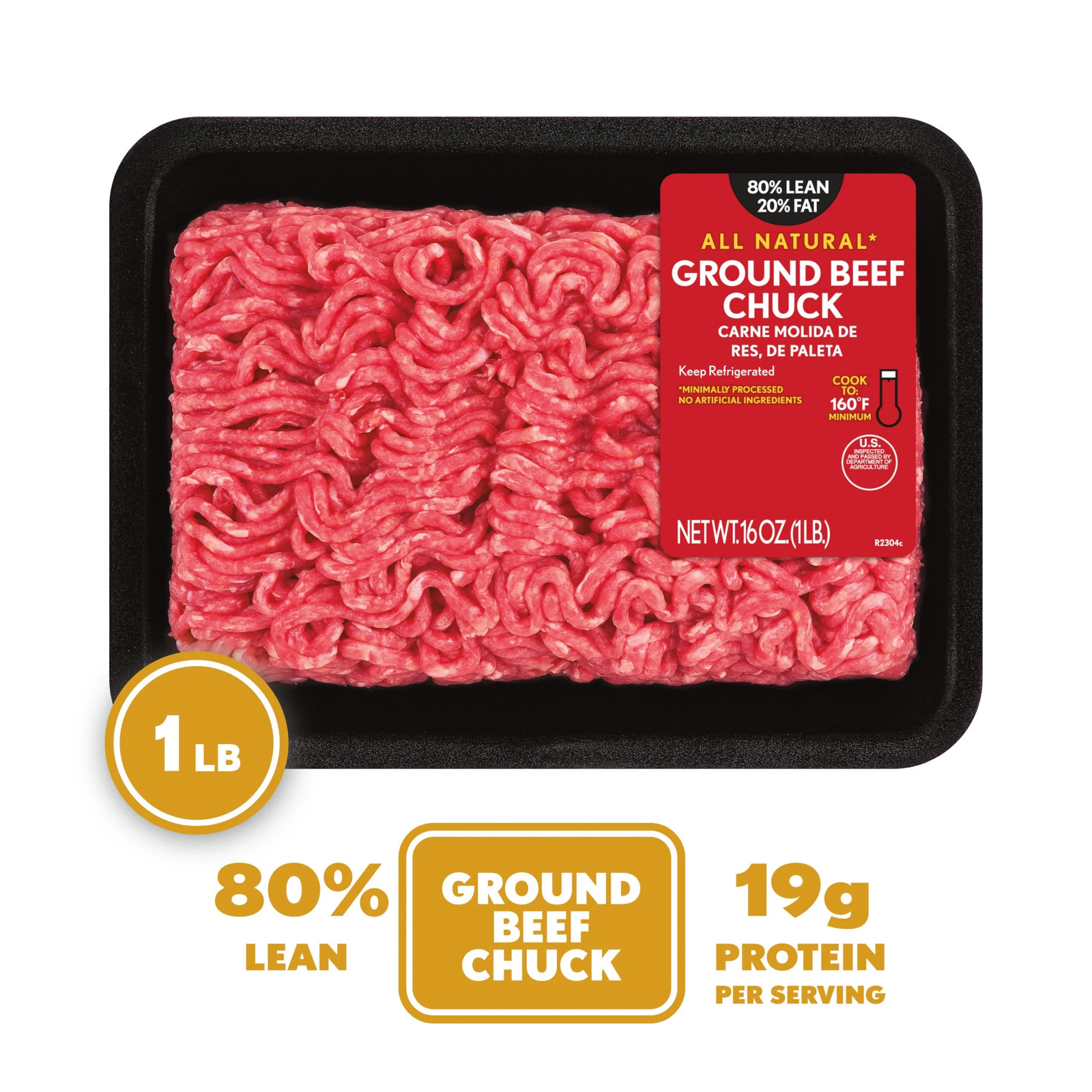 All Natural* 80% Lean/20% Fat Ground Beef Chuck, 1 Lb Tray