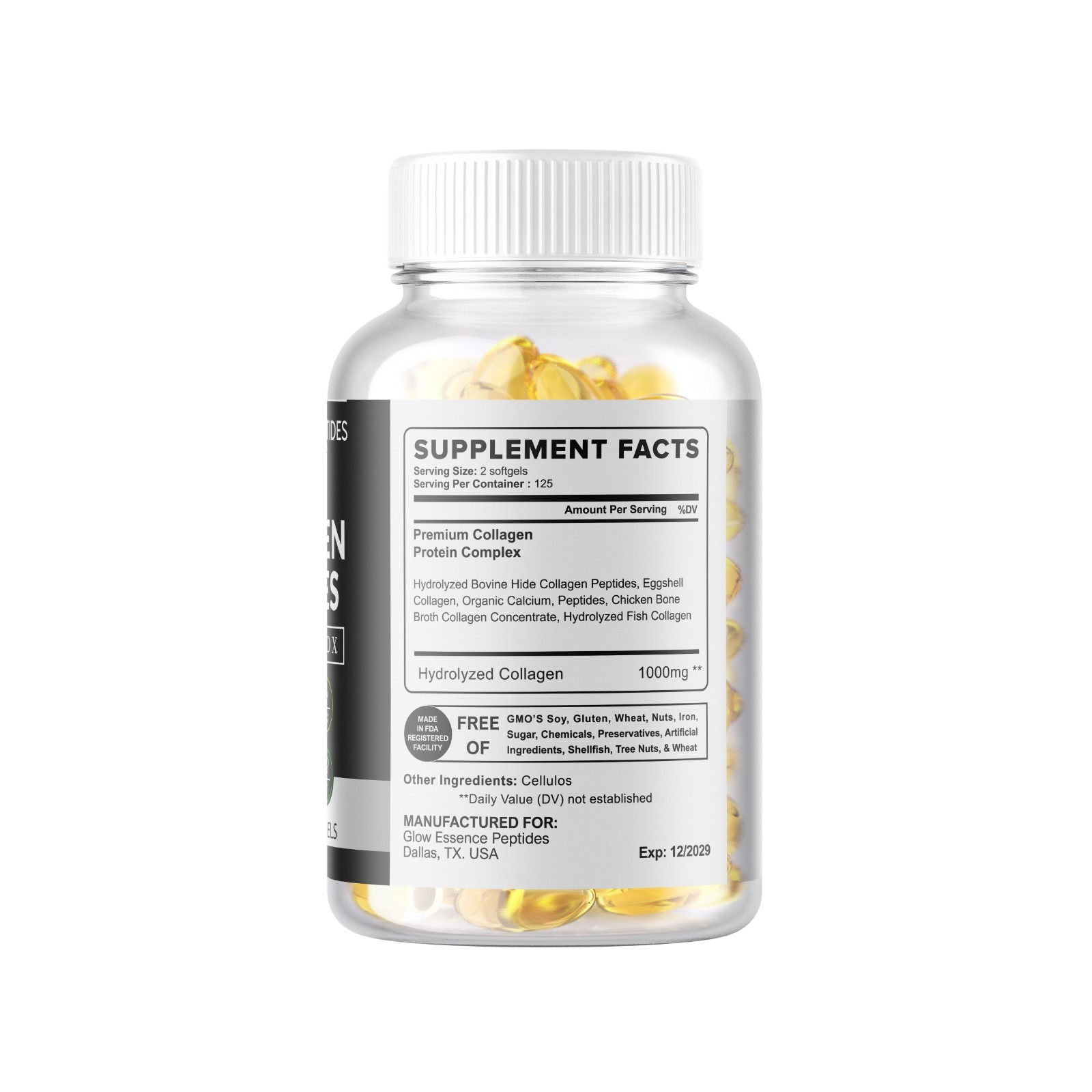 Collagen Peptides pills 1000mg Hydrolyzed Collagen i, ii,iii,V,X 250 Softgels