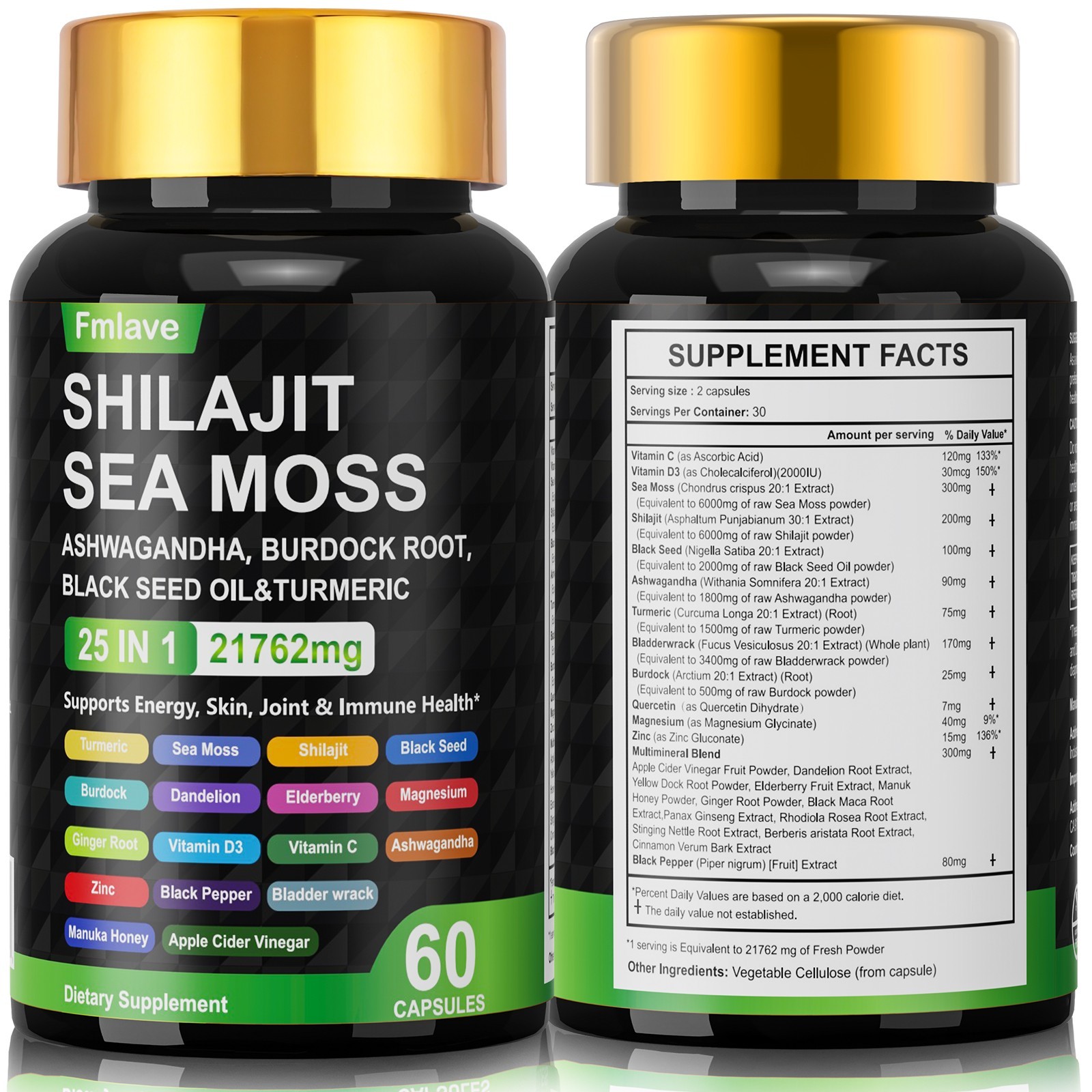 Sea Moss, Black Seed Oil, Ashwagandha, Turmeric Ginger Shilajit Burdock 60 caps