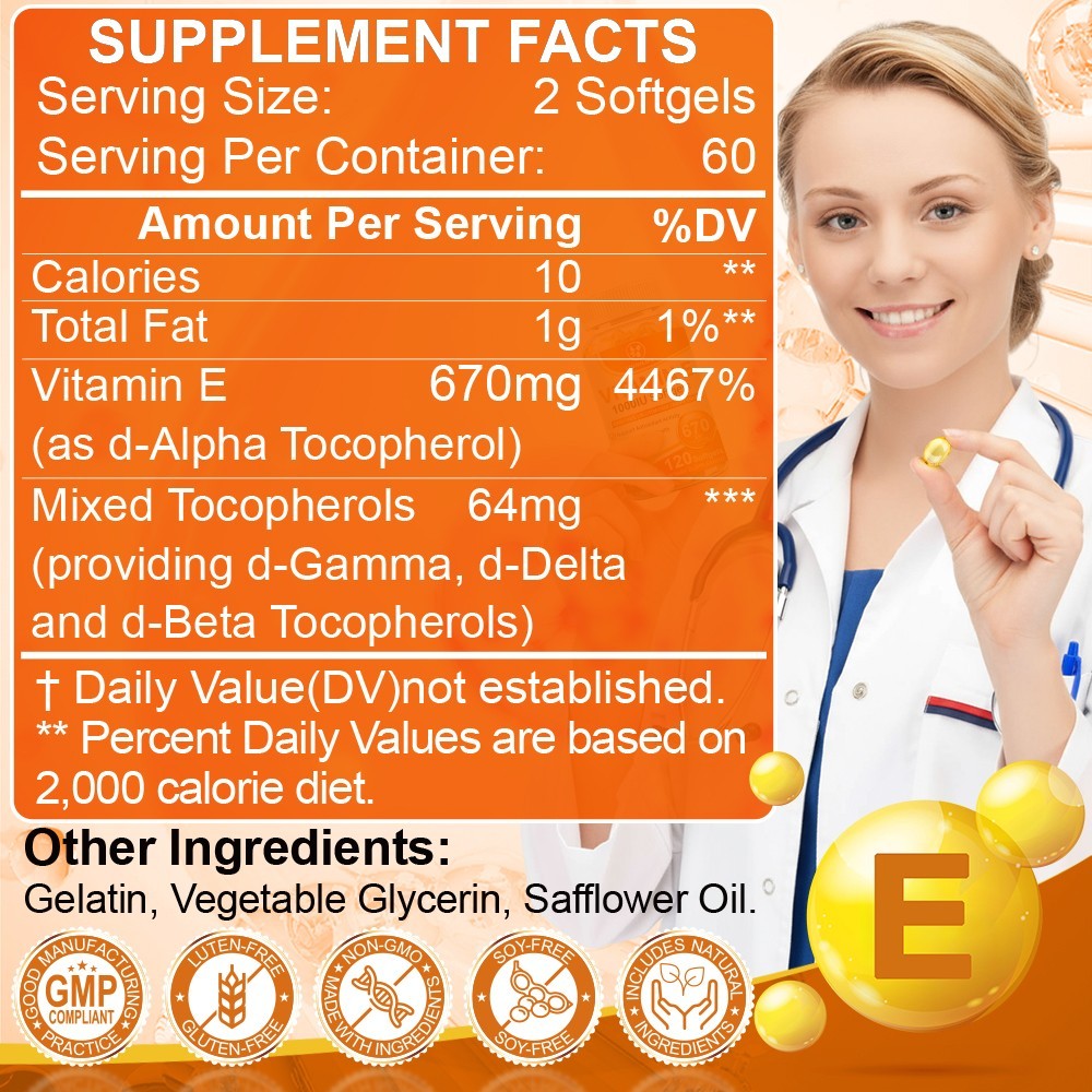 Vitamin E 1000IU Mixed Tocopherols Natural Antioxidant for Skin & Immune Support