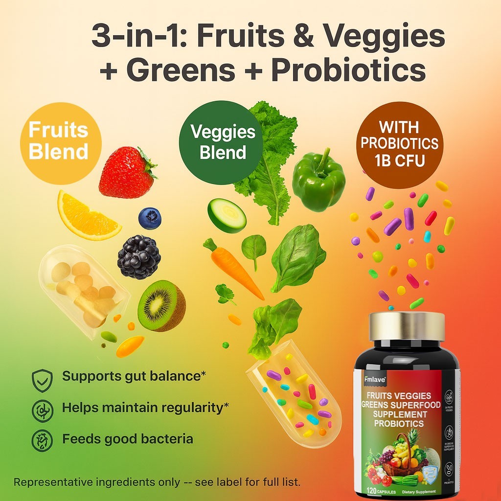 Super Fruit & Vegetable Supplements – Organic Whole Superfood & Probiotics 120ct
