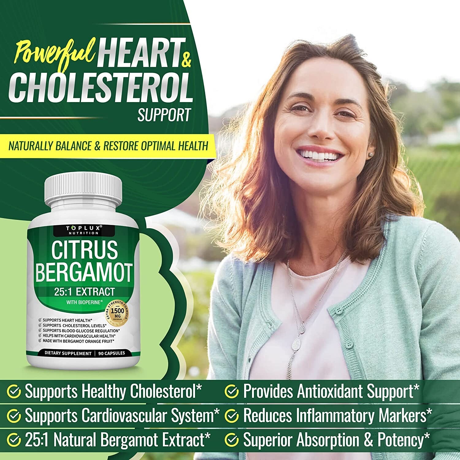 Citrus Bergamot 1500 Mg, 25:1 Extract, Organic Cholesterol Supplements Vegan Cap