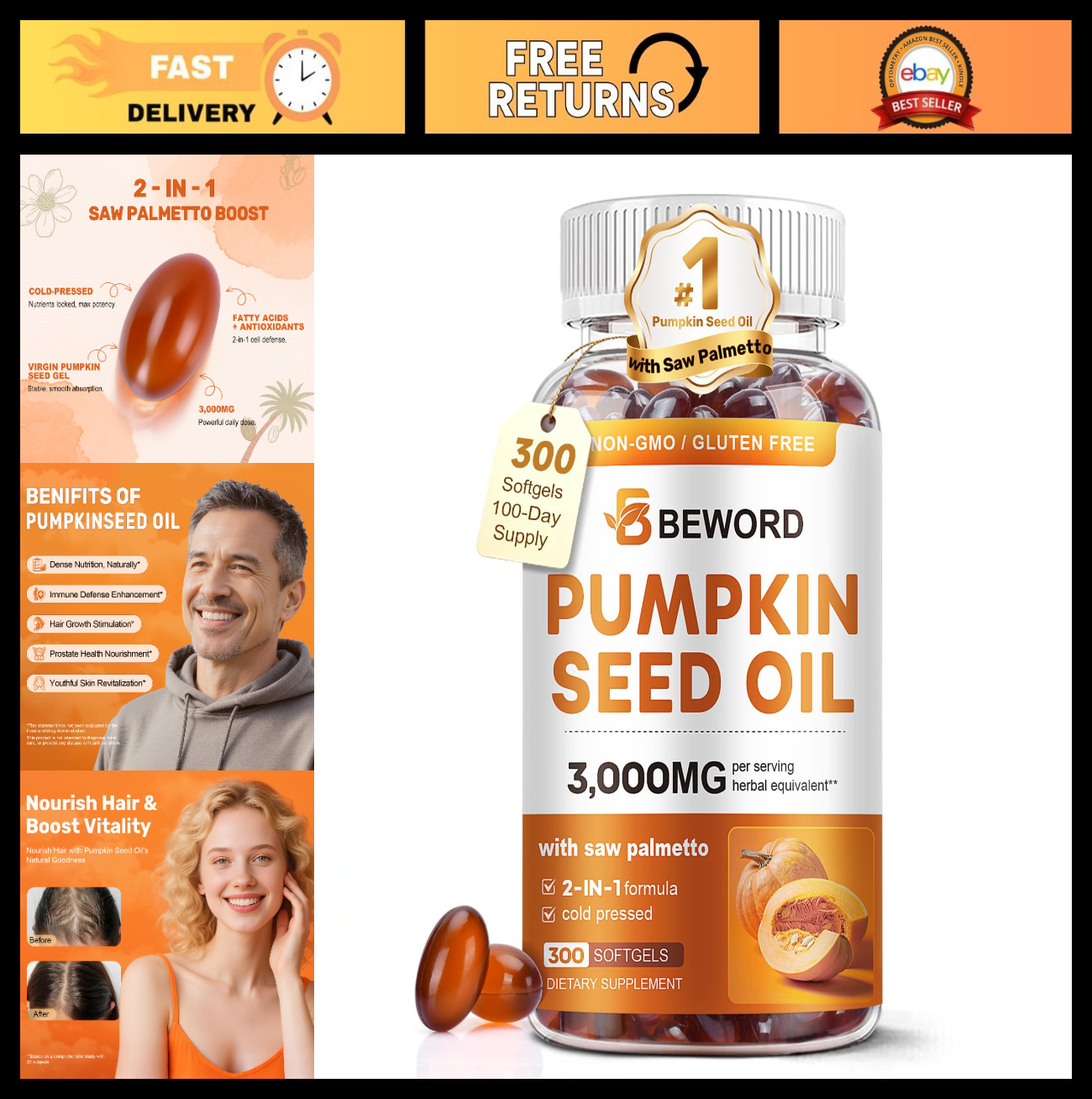 Pumpkin Seed Oil Softgels 3000mg | 300 Count | Cold-Pressed, EFAs, Prostate & Ha
