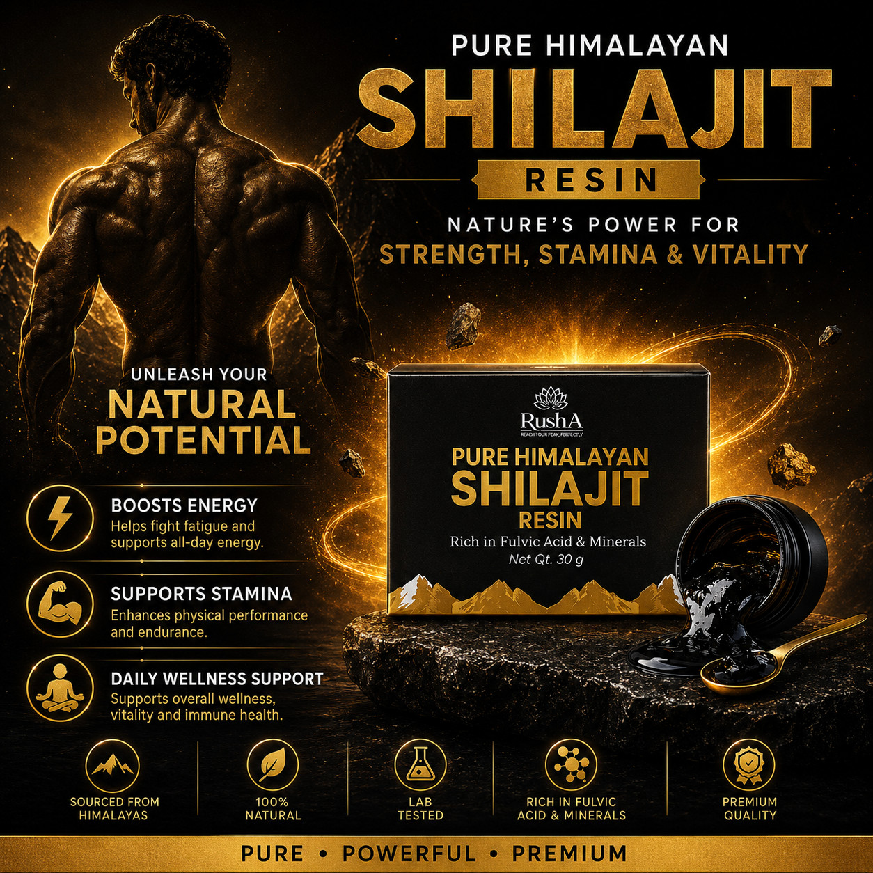 Rusha Pure Himalayan Shilajit Resin 30g | Rich in Fulvic Acid & Minerals