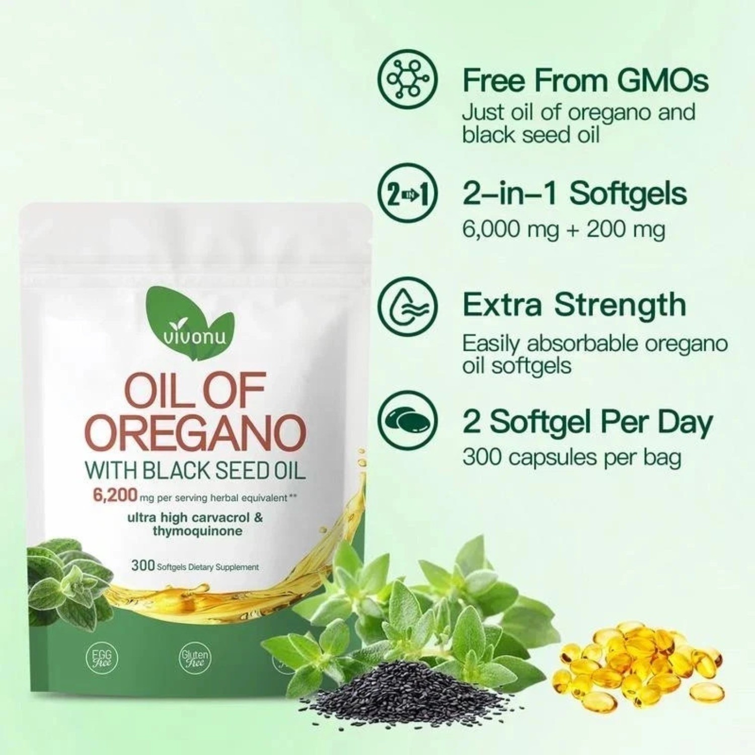 NEW 2PCS Oregano Oil 6200mg with Black Seed Oil.Immune Boosting Capsules