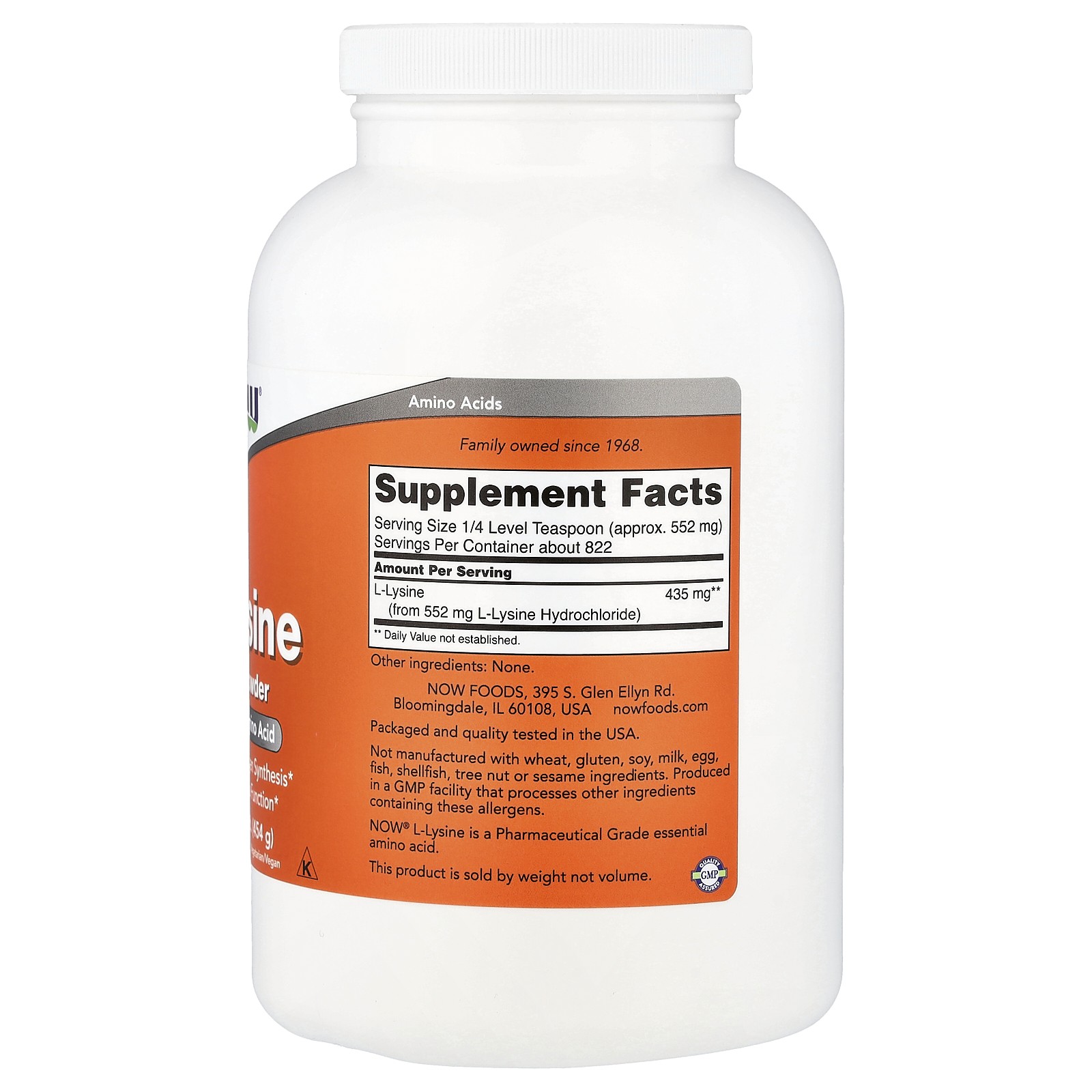 Now Foods L-Lysine Pure Powder 1 lb 454 g GMP Quality Assured, Vegan, Vegetarian