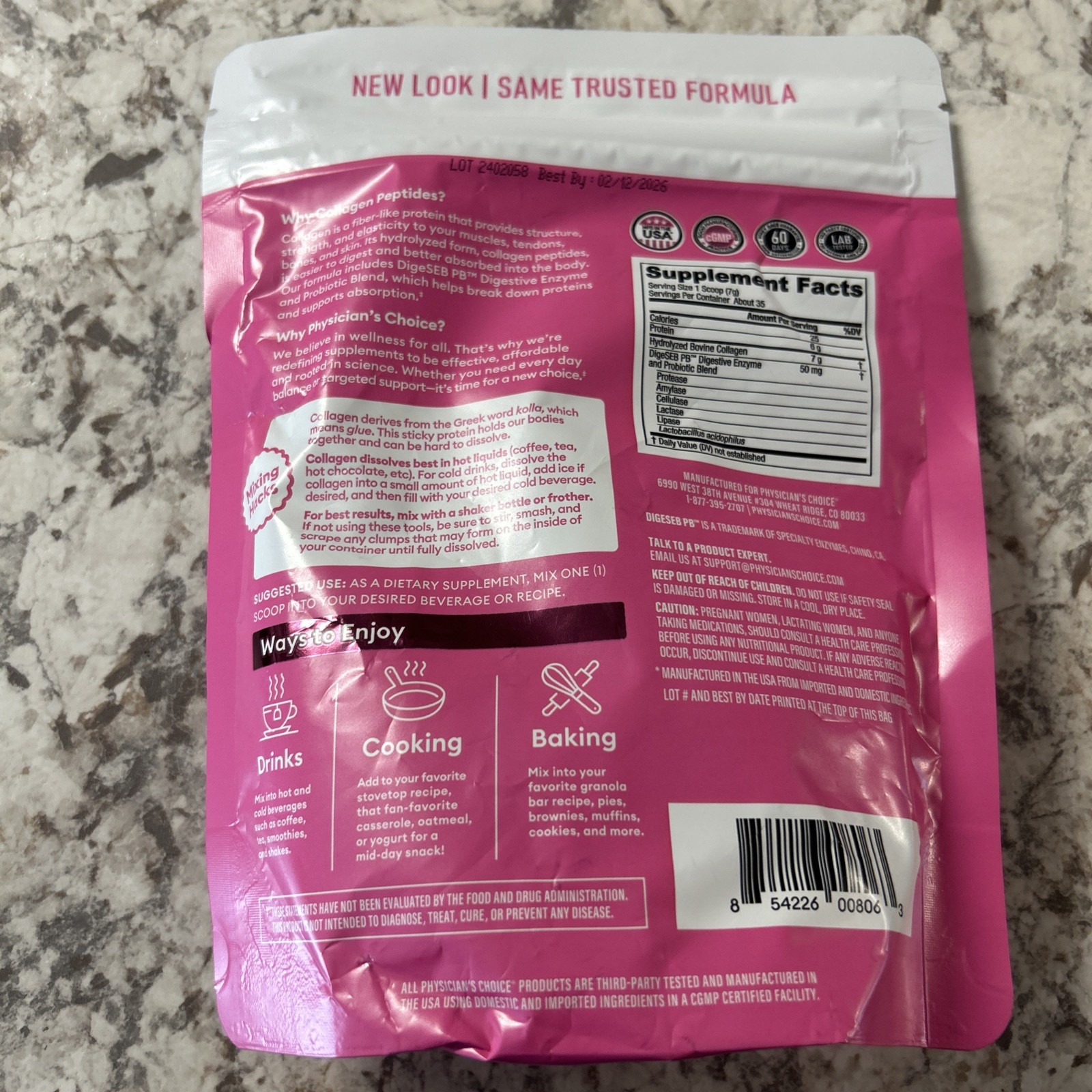 Physicians Choice COLLAGEN PEPTIDES 8.67oz Powder UNFLAVORED probiotics 02/2026