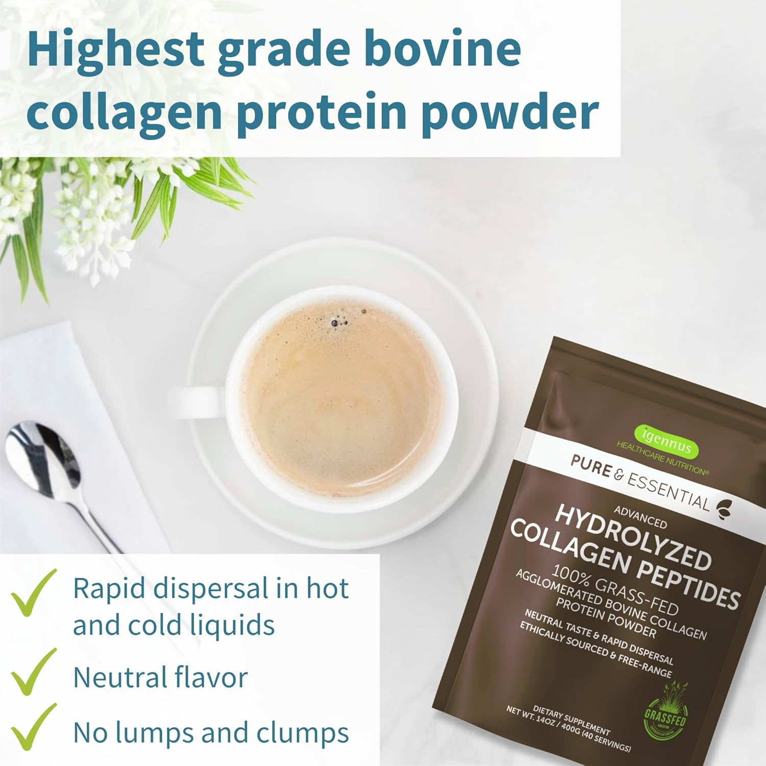 Igennus Free Range Grass Fed Hydrolyzed Bovine Collagen Peptides, Neutral Taste,