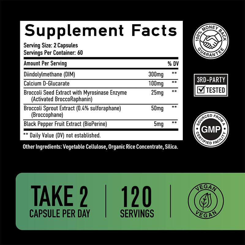 DIM (Diindolylmethane) for Men 300mg, 30/60/120 Capsules with BioPerine