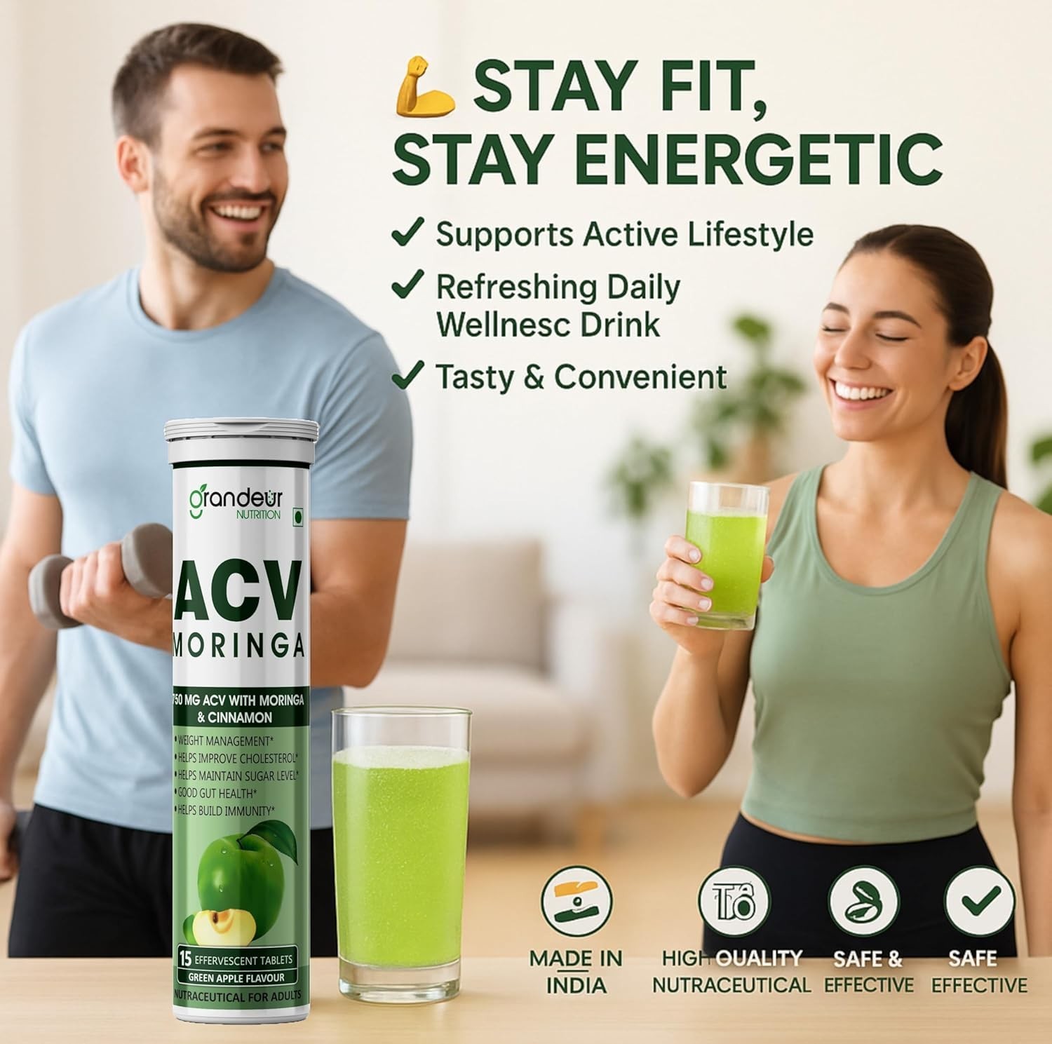 Grandeur ACV Moringa For Weight Management, Apple Cider Vinegar 15 Tablets Pack4