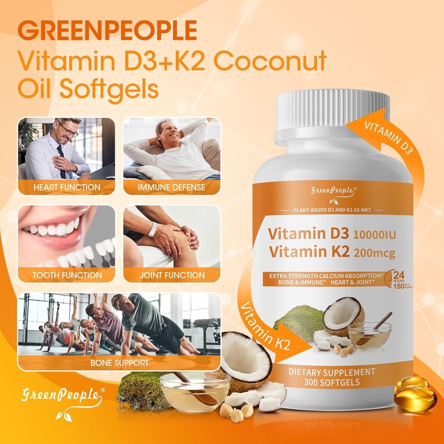 Vitamin D3 10,000 IU + K2 MK-7 200 mcg, 300 Softgels 5 Months Supply