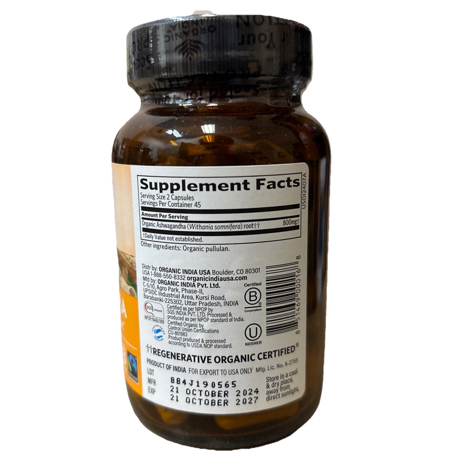 Organic India Organic Ashwagandha 90 Veg Caps B Corp, Gluten-Free, BB 10/2027
