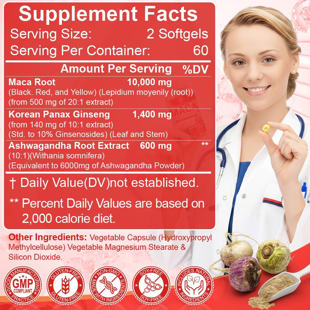 Organic Maca Root + Panax Ginseng 10000mg, Peruvian Maca Extract for Men & Women