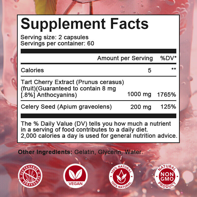 120pcs Strength Tart Cherry Extract 1000mg Plus Celery Seed and Bilberry Extract
