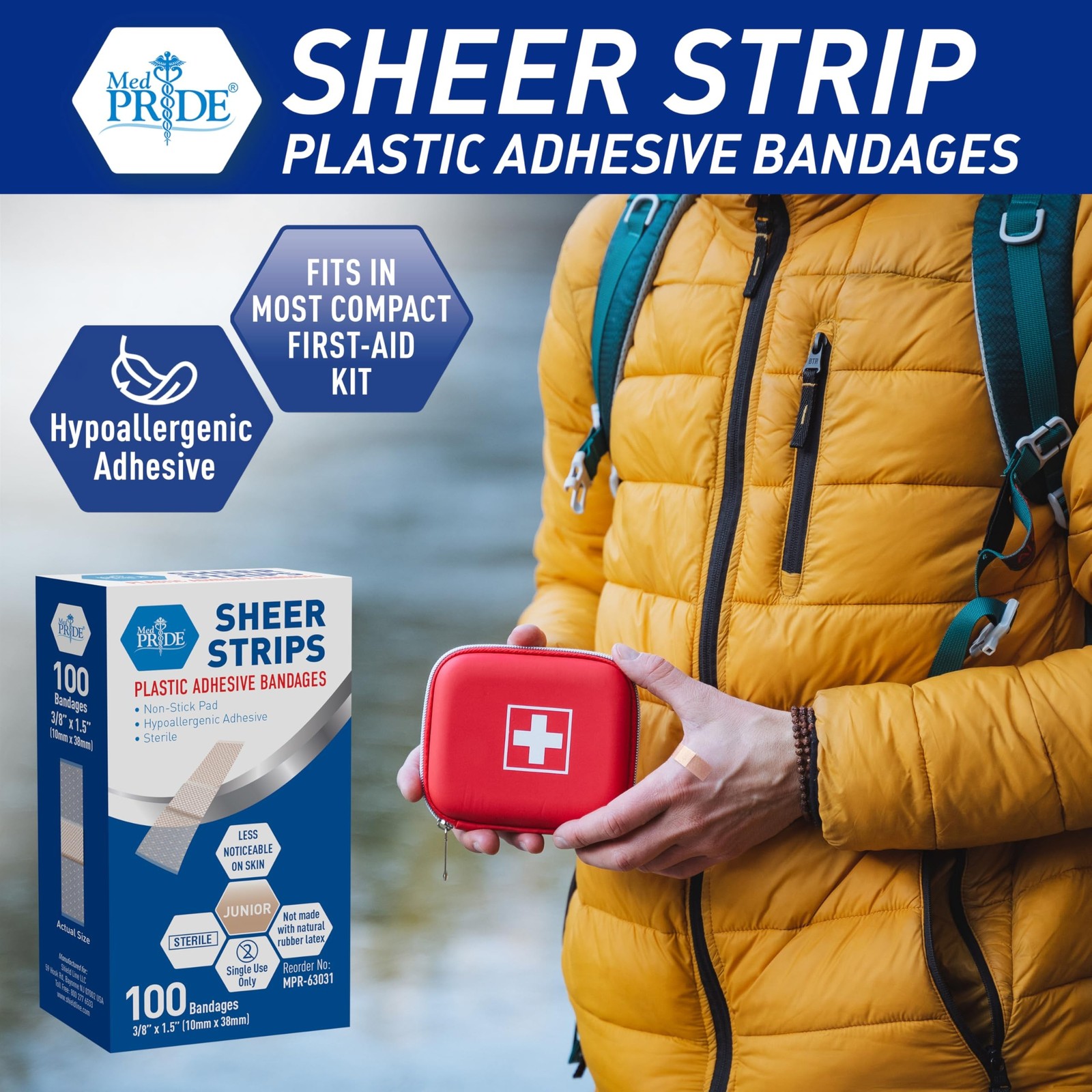 MED PRIDE Junior Strip Bandages,Hypoallergenic,Latex-Free,3/8×1.5 in,100-Ct