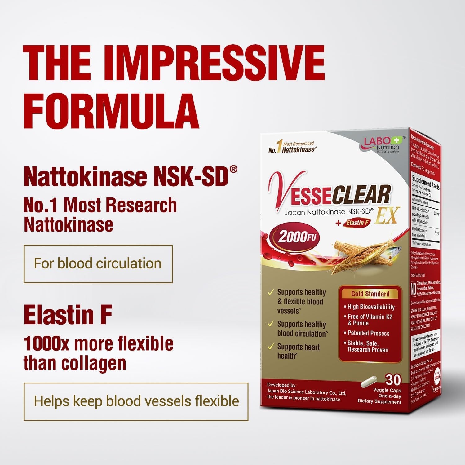 LABO Nutrition VesseCLEAR EX Nattokinase NSK-SD+Elastin F For Clean Blood Vessel