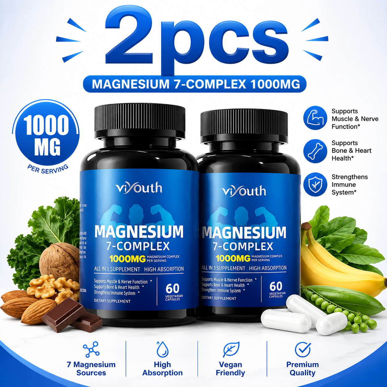 Genuine Viyouth 7-in-1 Magnesium Complex 1000mg, 60 Capsules with Zinc