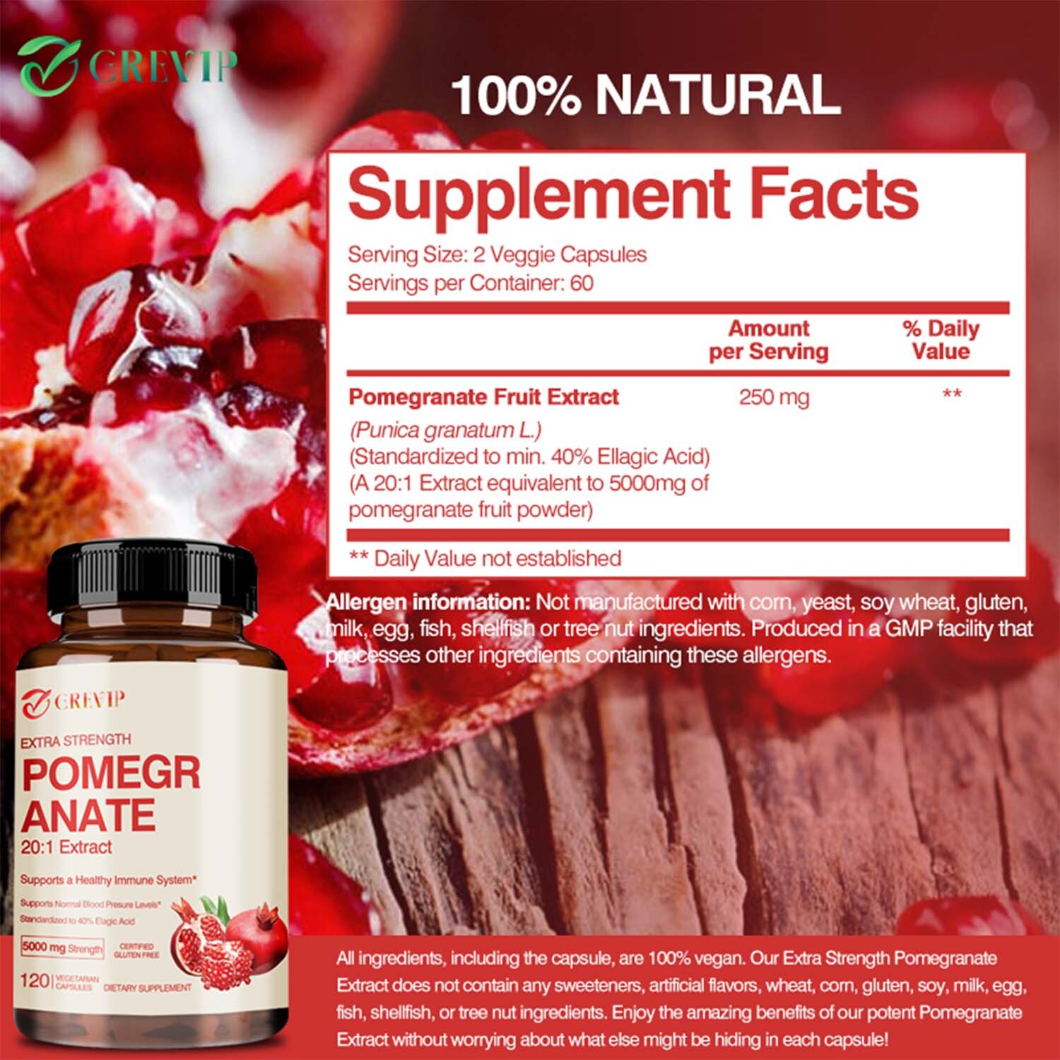 120pcs Pomegranate 5000mg – 40% Ellagic Acid – Heart Joint Support, Antioxidant