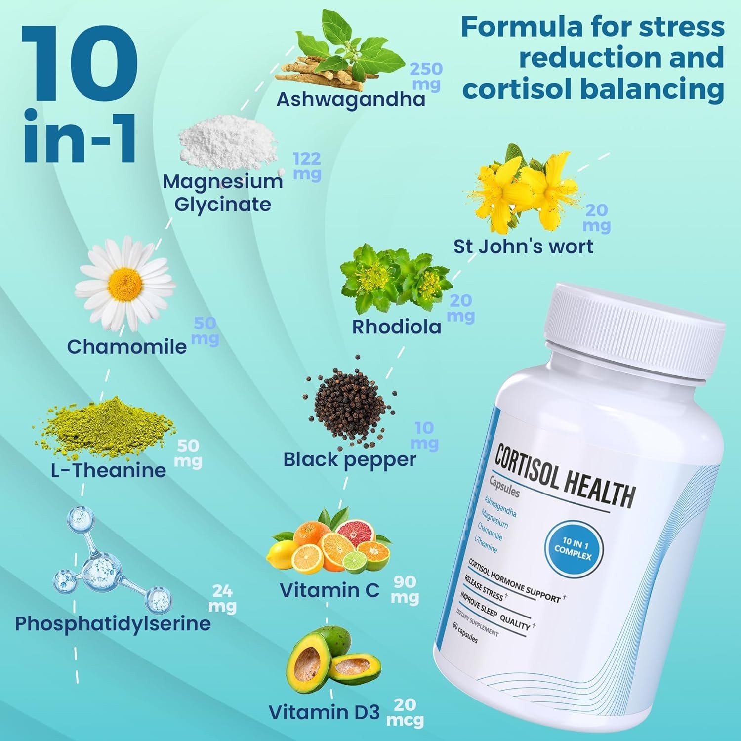 10-in-1 Cortisol Supplements with Magnesium, Ashwagandha, Chamomile, L-Theani…