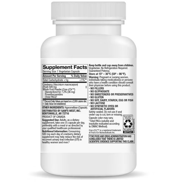 Member’s Mark Clinical Strength Cranberry Capsules 500 mg 150 Count 04/2028EXP