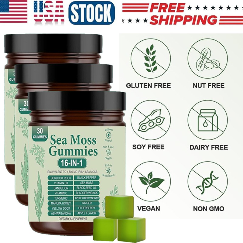 Improved 16 in 1 Organic Sea Moss Gummy | Irishmoss Extract 6000Mg | Green Apple