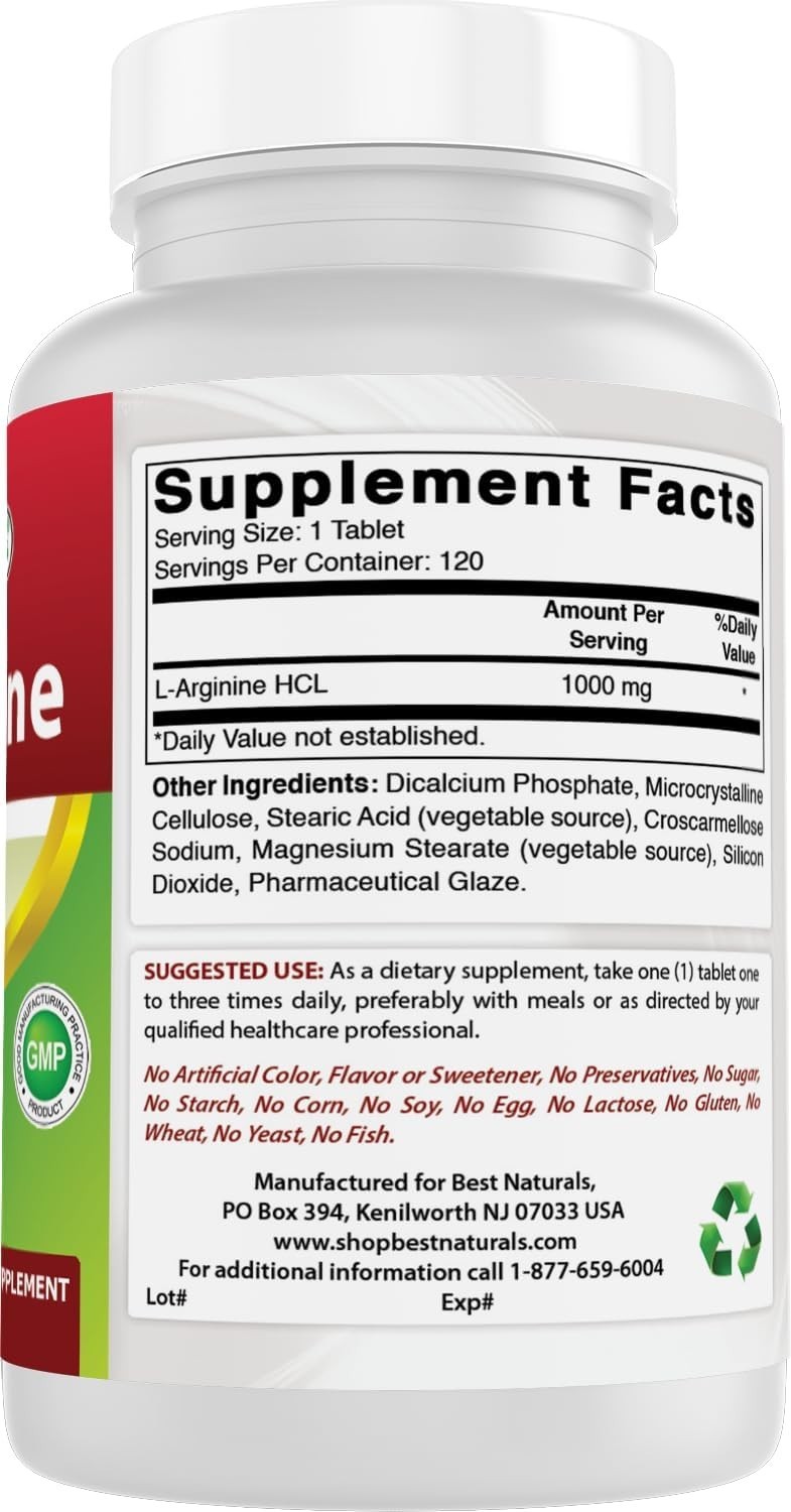 Best Naturals L-Arginine 1000 mg 120 Tablets Nitric Oxide Booster Pharma Grade