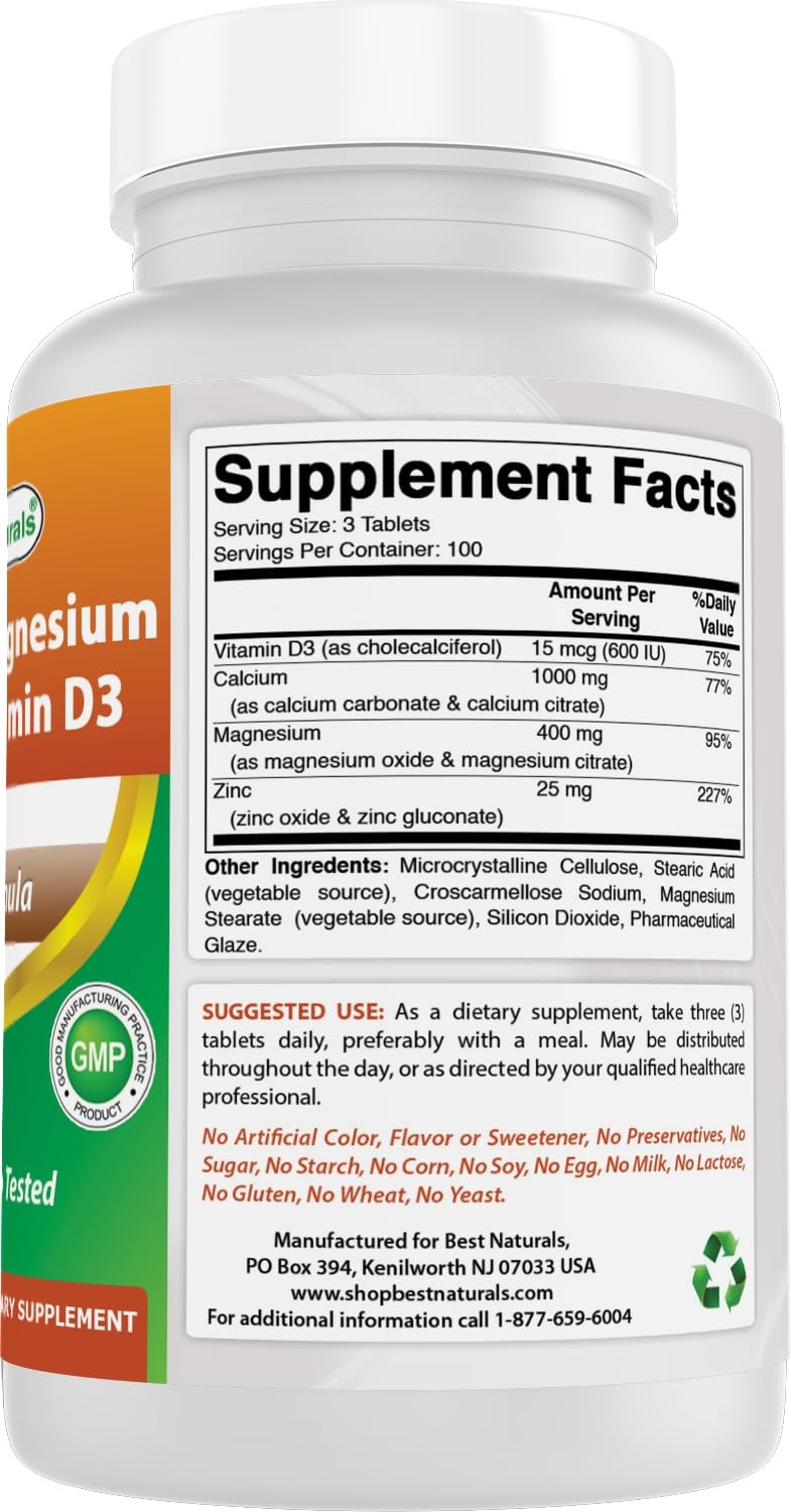 Best Naturals Calcium Magnesium Zinc Vitamin D3 300 Tablets – Calcium 1000 Mg