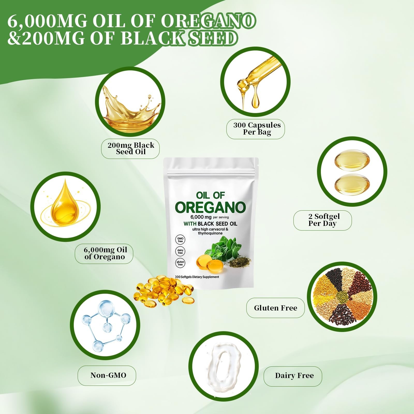 Organic Oil of Oregano & Black Seed Oil Capsules, 6000mg, 300 Softgels, Immune S