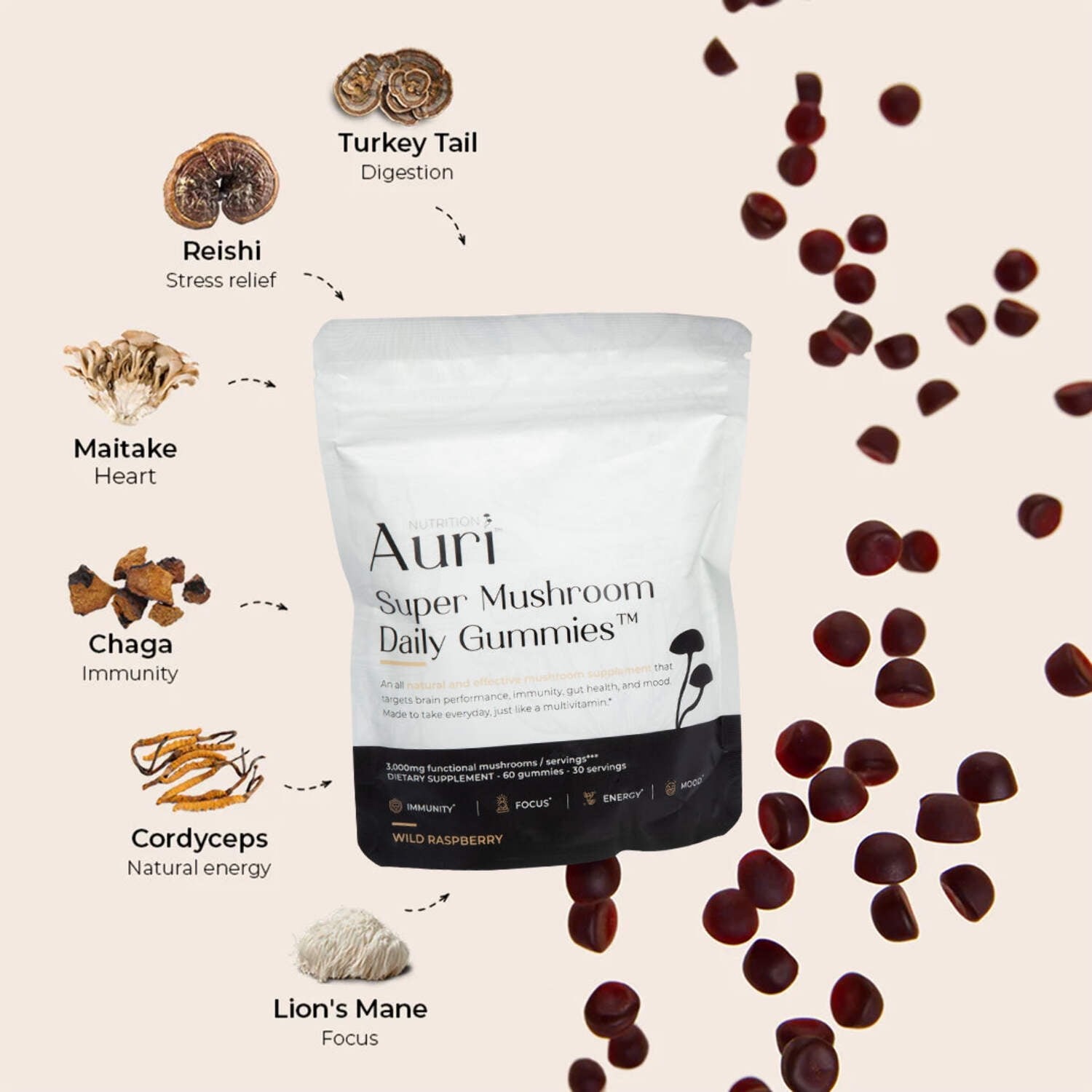 Auri Nutrition Super Mushroom Daily Gummies Wild Raspberry 60 ct. Immunity Focus