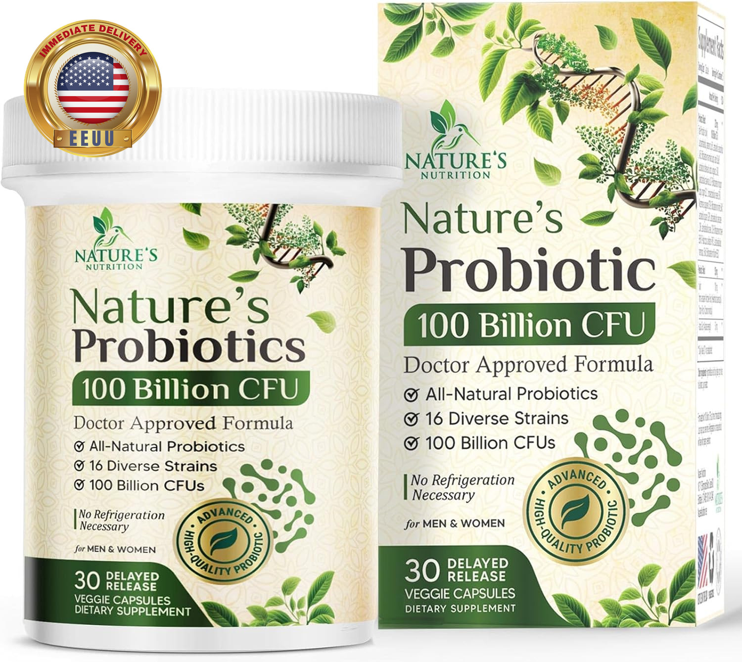 Probiotics 100 Billion CFU per Serving – 16 Premium Strains + Prebiotics – Probi