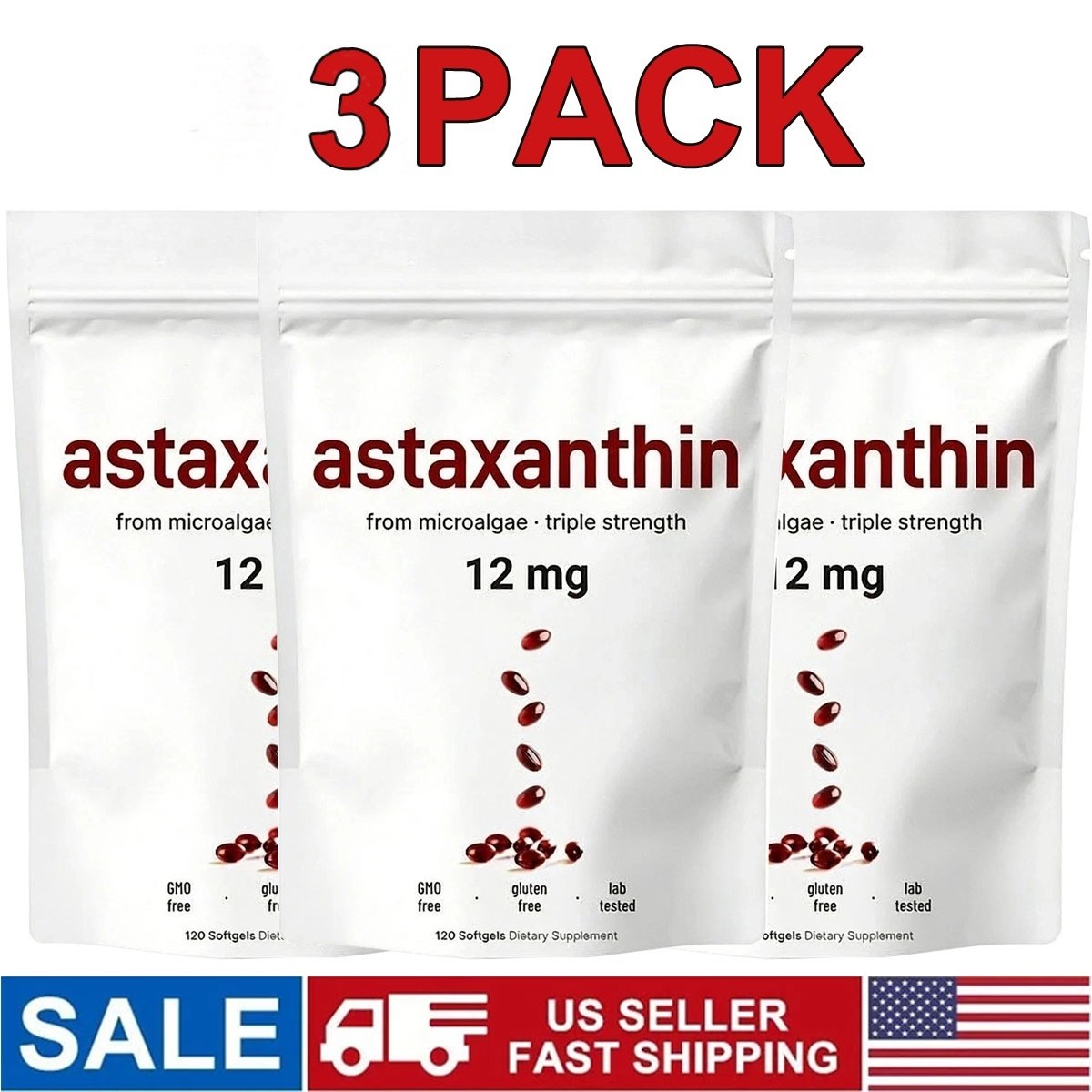 3 PACK Astaxanthin 120 Softgels 12mg – Supports Eye Health and Joint Health