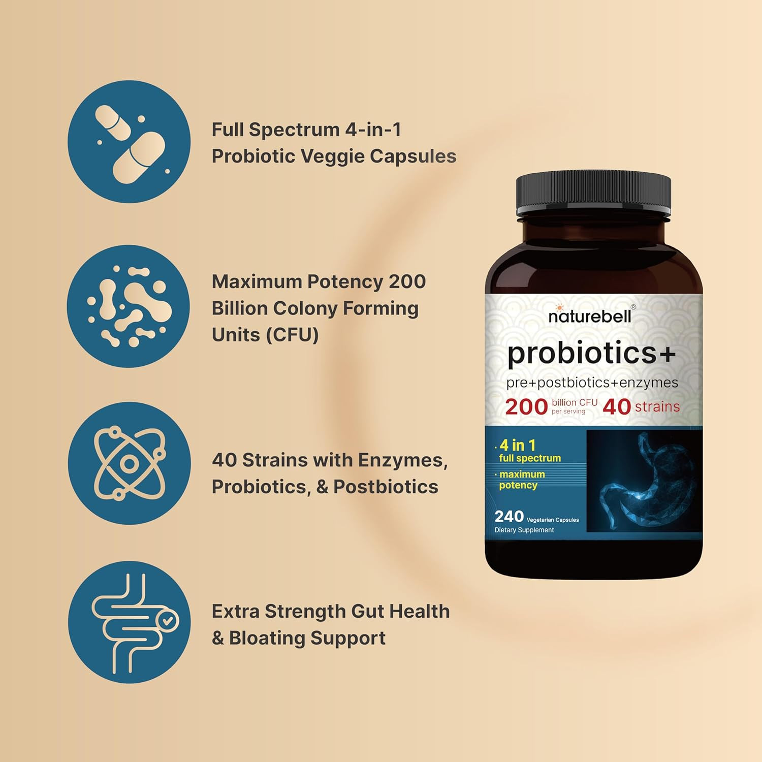 Naturebell Probiotic 200 Billion CFU – 40 Strains per Serving | 240 Veggie Capsu