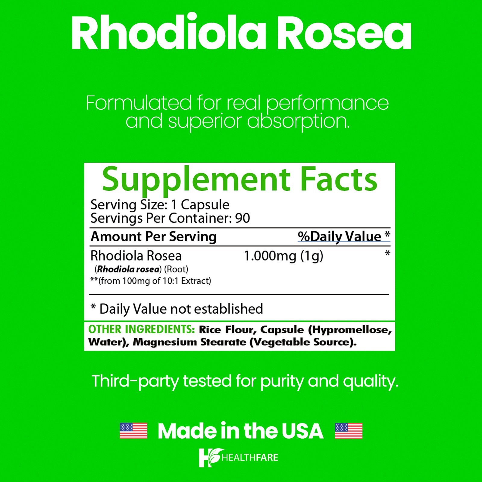 Healthfare Rhodiola Rosea Capsules 1000mg Equivalent | 90 Vegan Capsules