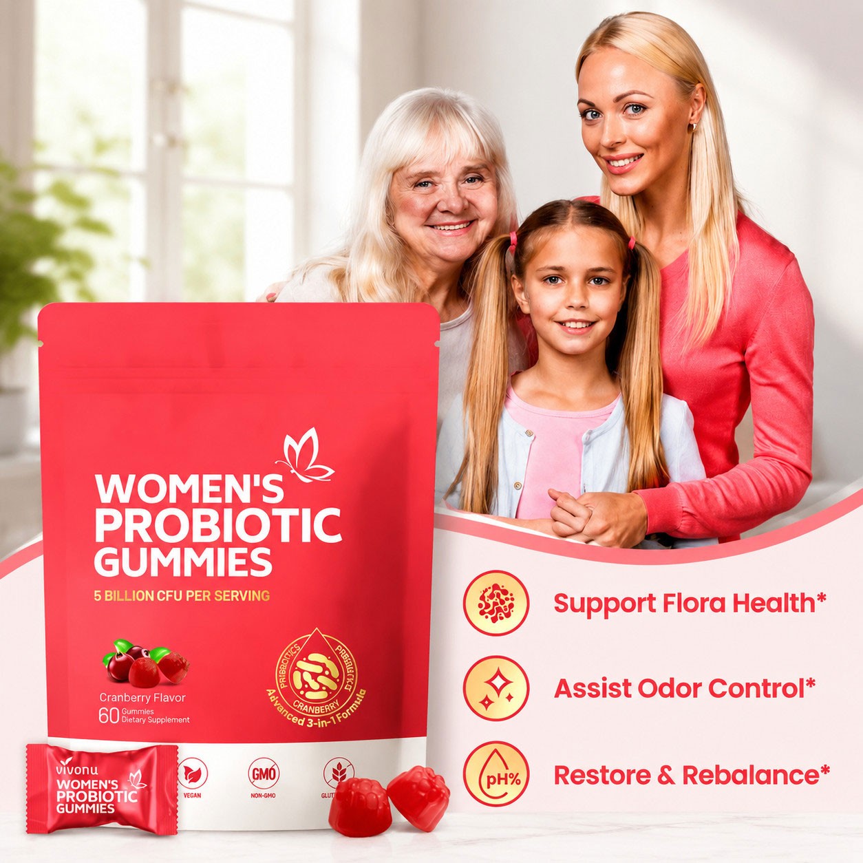 2PCS Vaginal Probiotic Health Gummies Women pH Balance Yeast Flora Cranberry