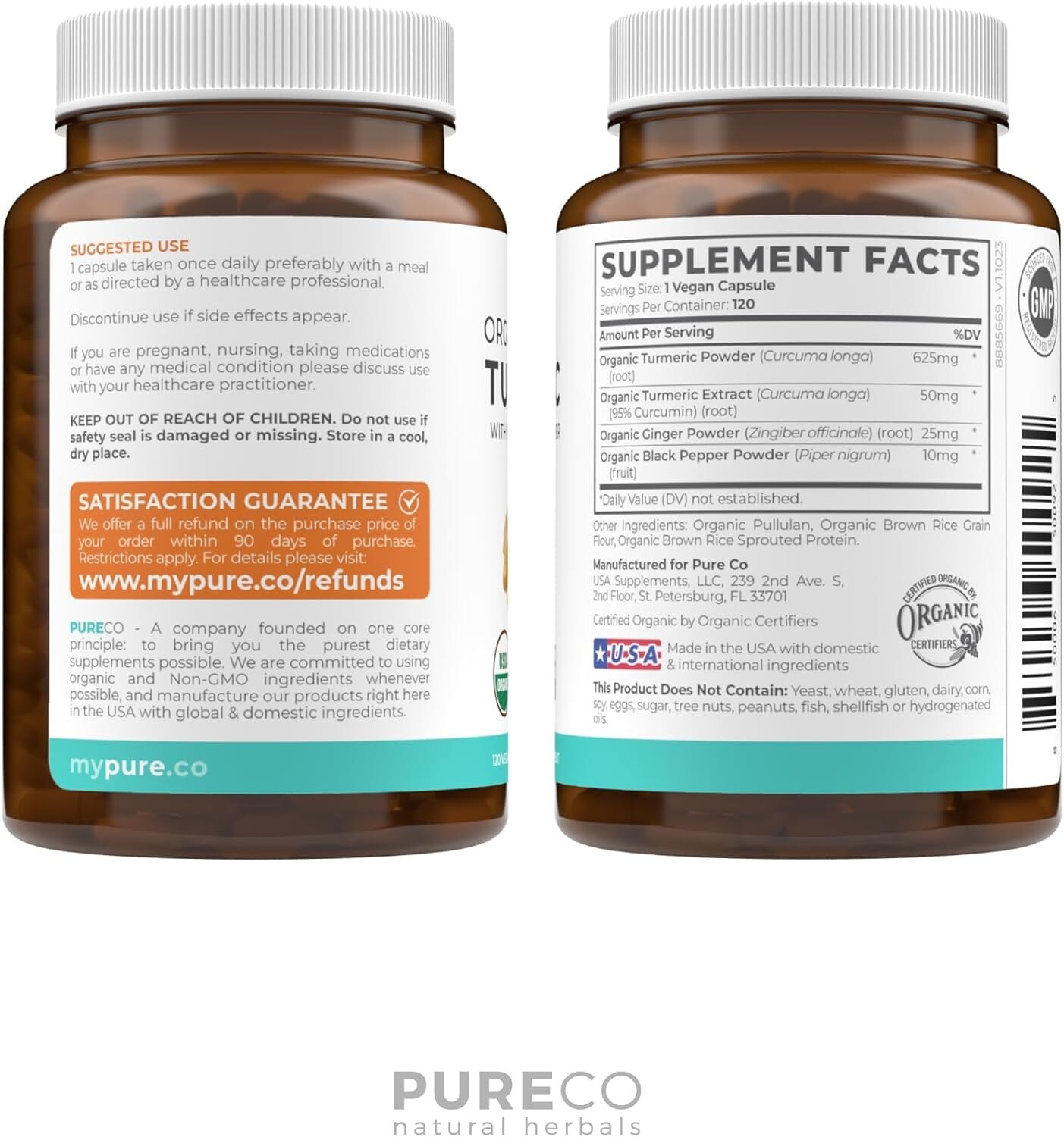 USDA Organic Turmeric Curcumin with Black Pepper Ginger, 4 Month Supply, 120ct