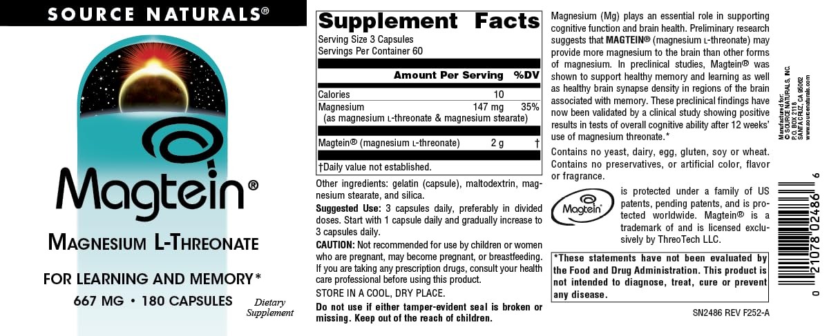 Magnesium L Threonate 667mg 180 Capsules Cognitive Focus Memory Support Source