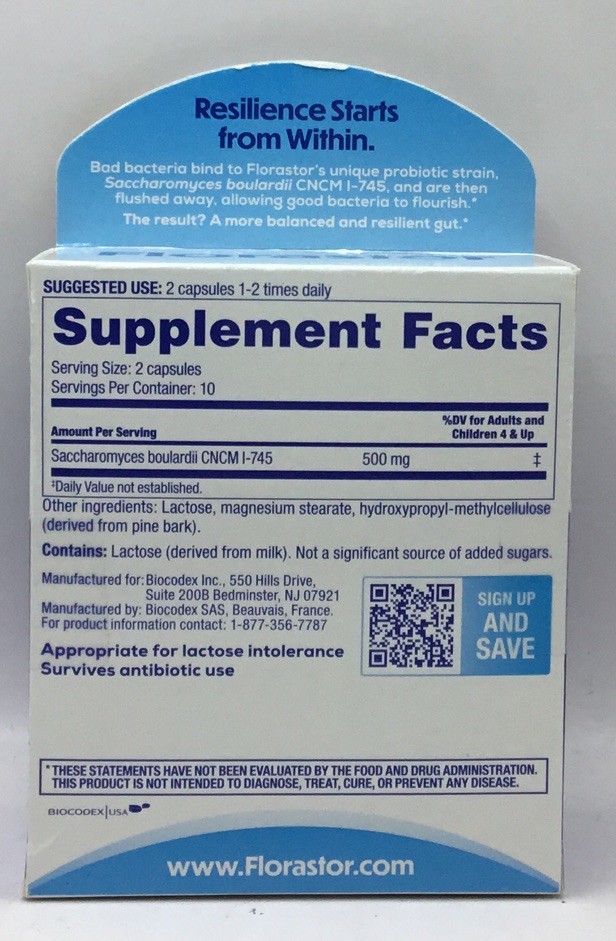 Florastor Daily Probiotic Supplement 20 Capsules/ 250 mg Exp 6/25