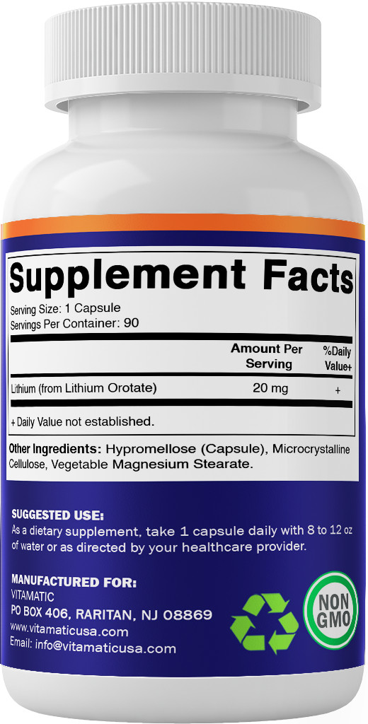 Vitamatic Lithium Orotate 20mg, 90 Capsules – Veggie Caps, Non-GMO, Gluten Free