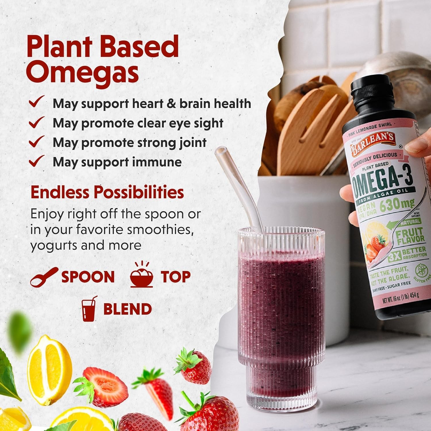 Liquid Algae Omega 3 in Pink Lemonade Flavor – 16 oz Heart Health Support