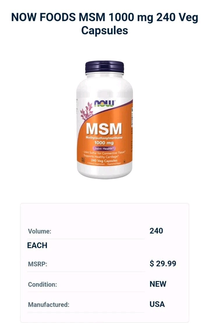 NOW MSM 1000 mg 240 Veg Capsules BB 01/07/2029 For Joint Health $29.99 MSRP NEW