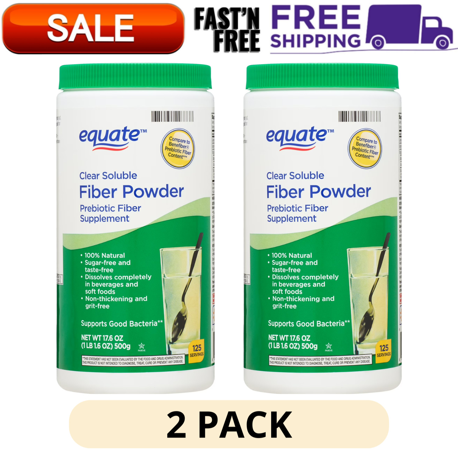 (2 Pack) Equate Sugar Free Fiber Supplement Powder Clear Soluble Fiber 17.6 oz