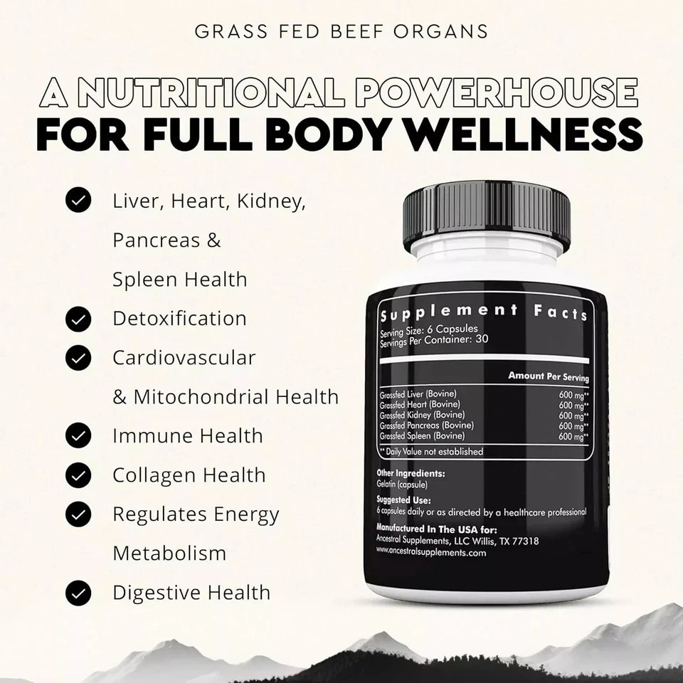 Ancestral Supplements Grass Fed Beef Organ Supplement – Non-GMO, 180 Ct 1-5x