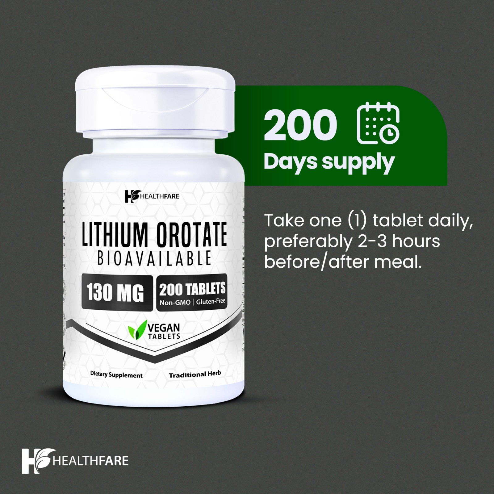 HealthFare Lithium Orotate 130mg | 200 Vegan Tablets | High Bioavailability