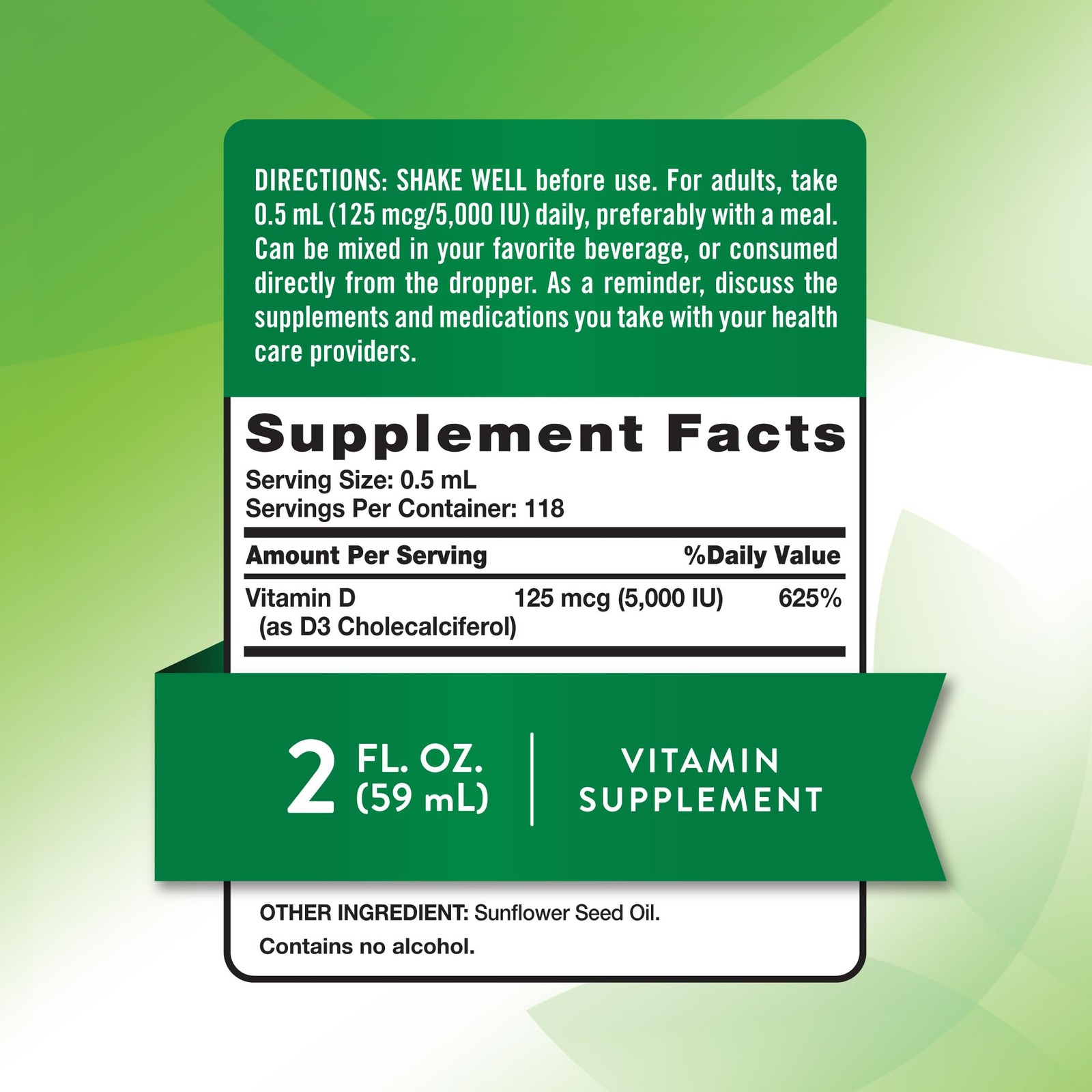 Liquid Vitamin D3 5000 IU 2 Fl Oz Vegetarian Gluten Free Fast Acting Supplement