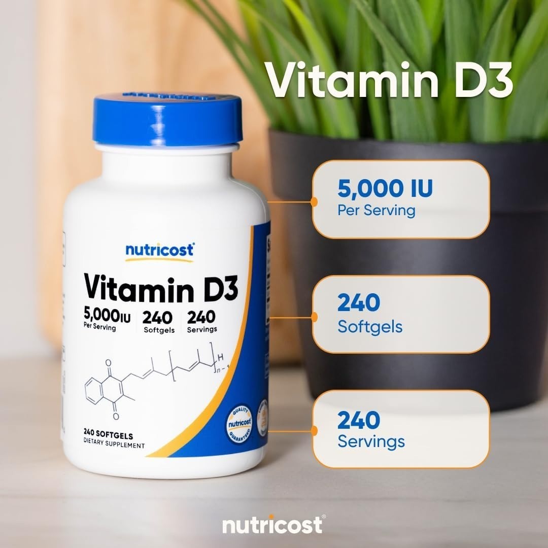 Nutricost Vitamin D3 5000 IU 240 Softgels High Potency Bone Support Gluten Free
