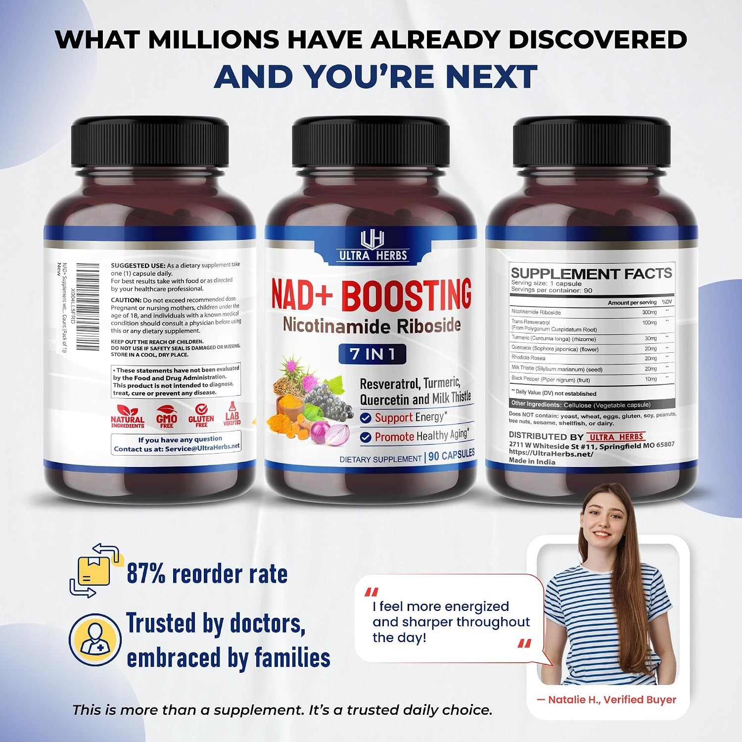 NAD+ Boosting Nicotinamide Riboside Resveratrol Tumeric Quercetin & Milk Thistle